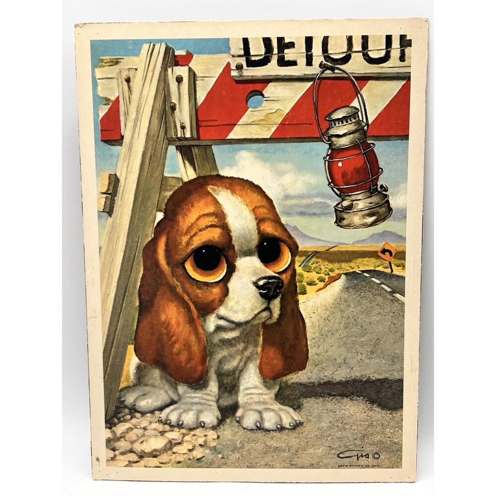 1970 Gig Pity Puppy Big Eyes Vintage Lithograph GIG  Art Co 10 x 12 Kitch art